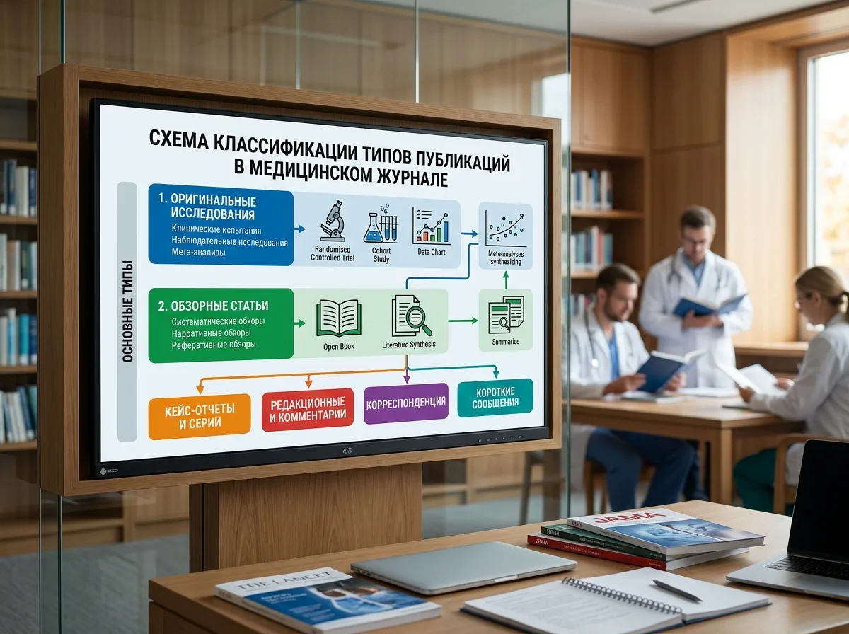 Схема классификации типов публикаций в медицинском журнале: от оригинальных исследований до обзорных статей
